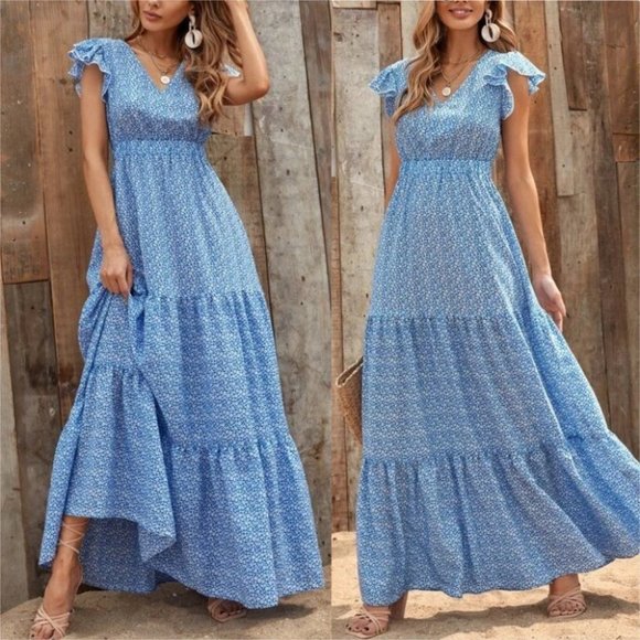 Ditsy Print Ruffle Hem Maxi Dress - Picture 2 of 7